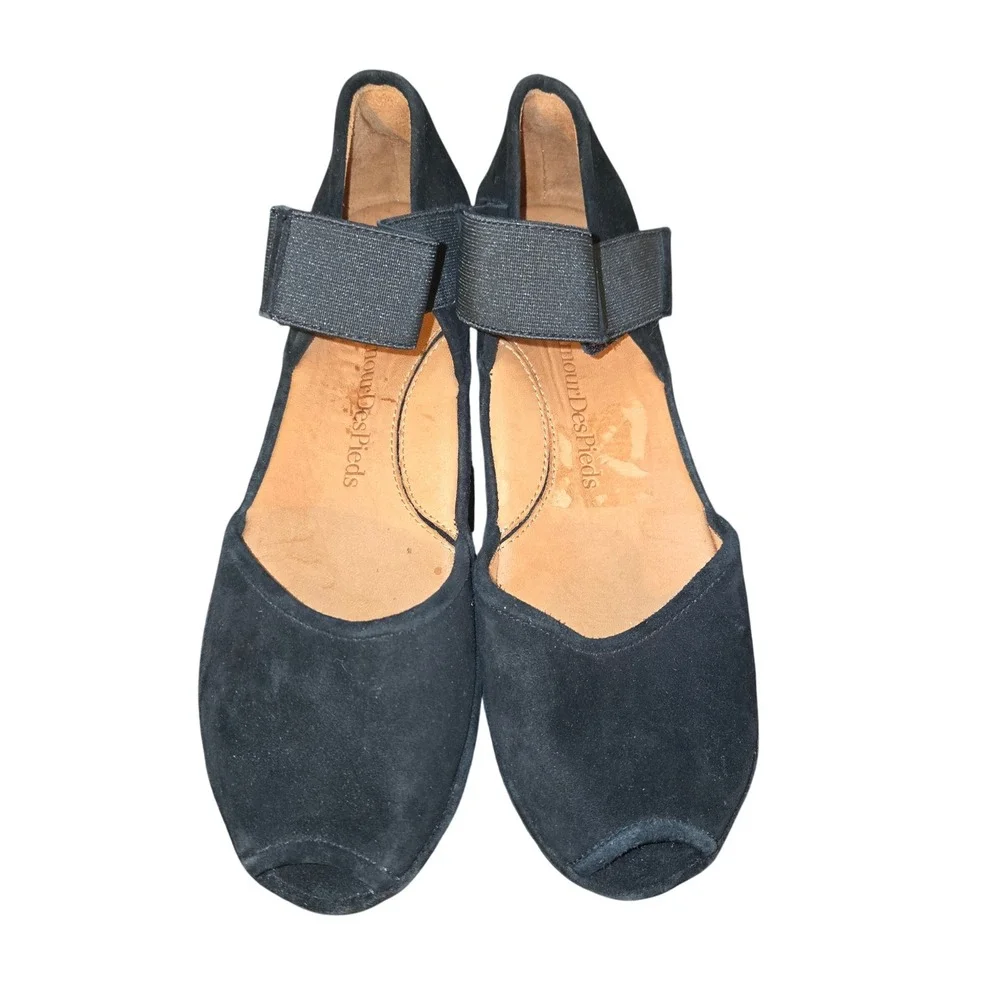 L'Amour Des Pieds Amadour Sandals Womens 7M Black Suede Peep Toe Platform Wedge